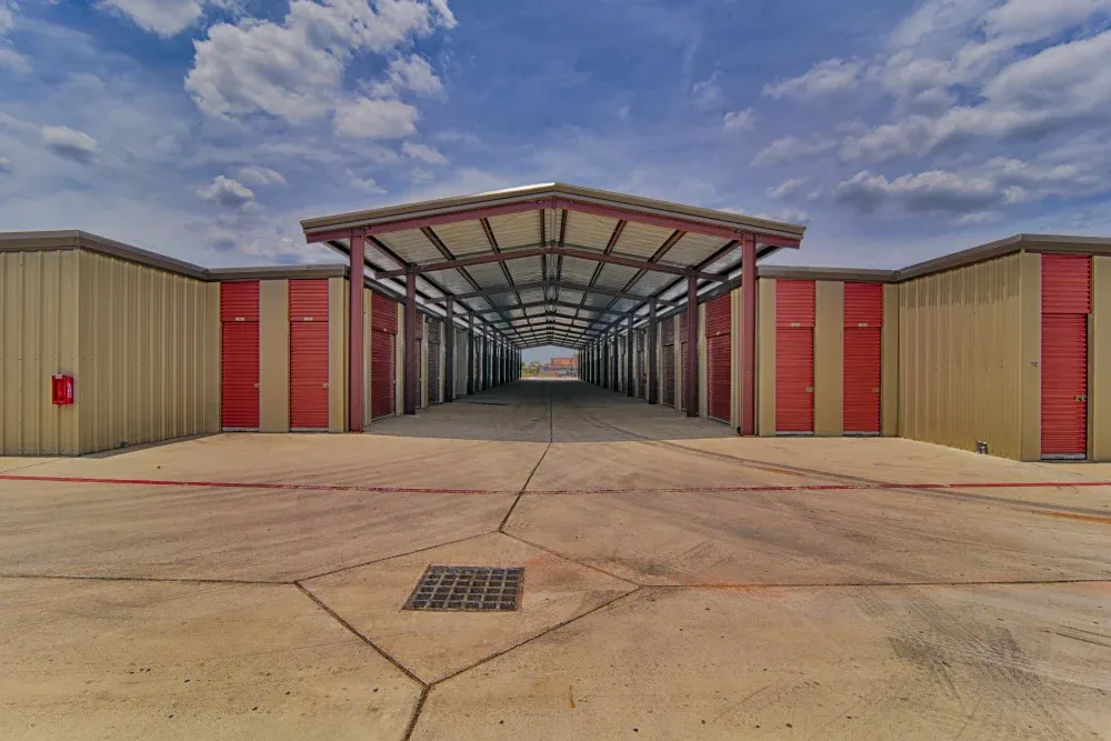Outdoor storage with covered drive-up access at Klein Krimmel Self Storage.