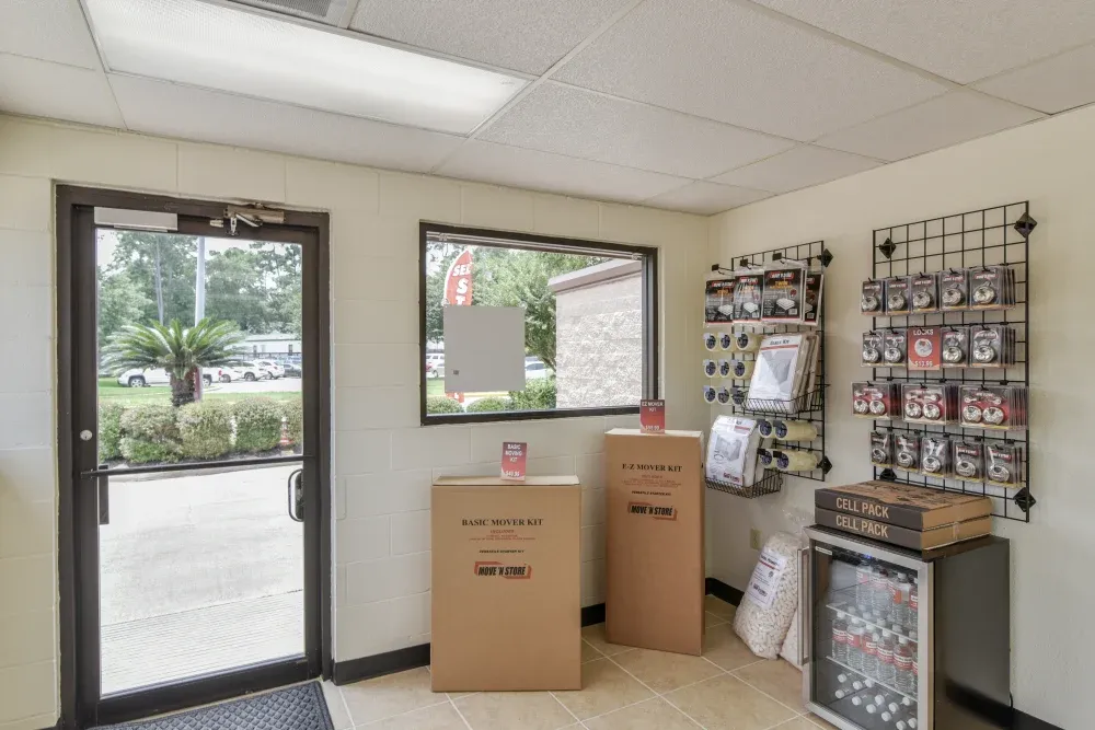 Packing and storage supplies for sale in the Lakewood Mini Storage facility office.