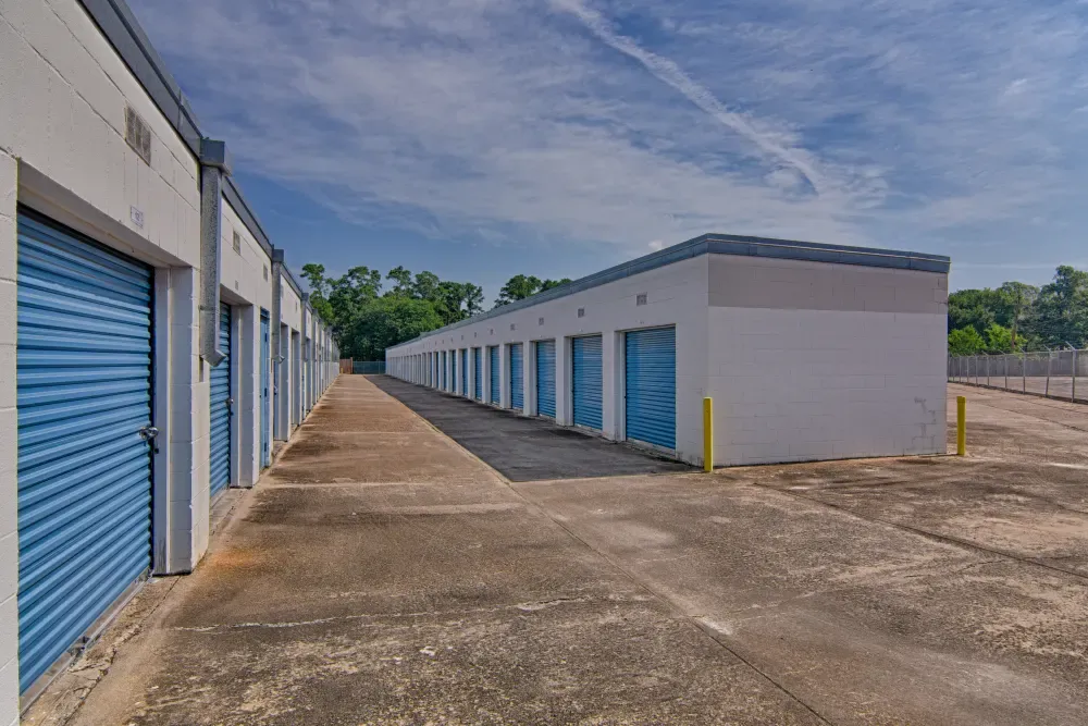 Outdoor storage buildings at Rummel Creek Mini Storage.
