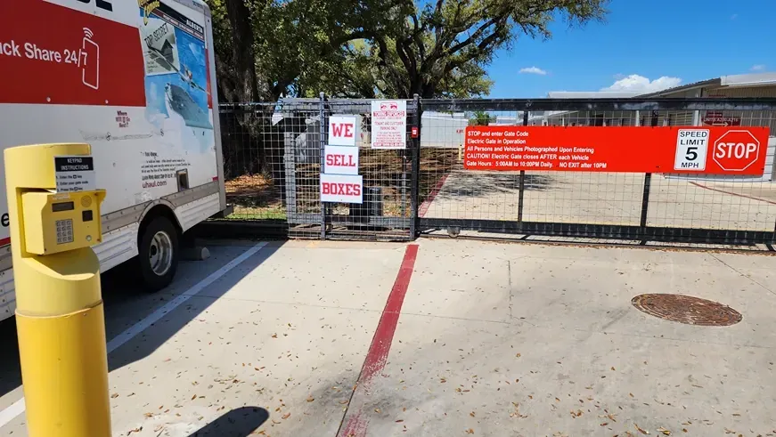 Keypad entry and front gate at the Dripping Springs storage facility