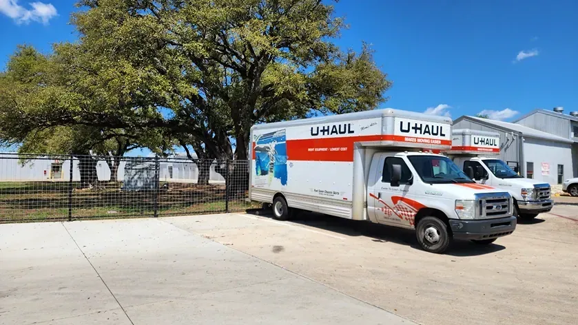 Uhaul trucks parked at the Dripping Springs storage facility