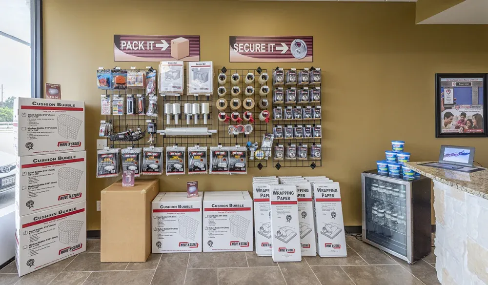 AAA Self Storage front office lobby area with storage boxes.