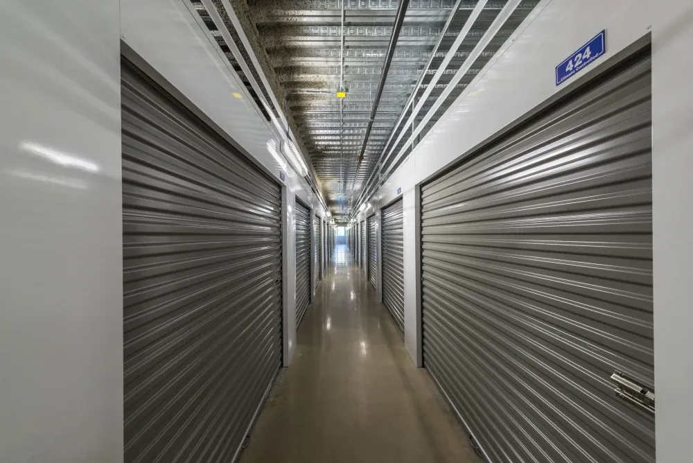 Hallway of climate-controlled storage units at ATX Self Storage.