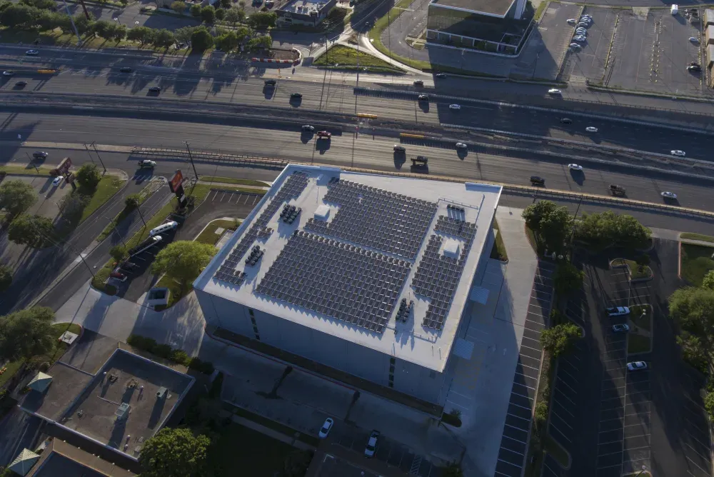 Solar panels on the roof of ATX Self Storage.