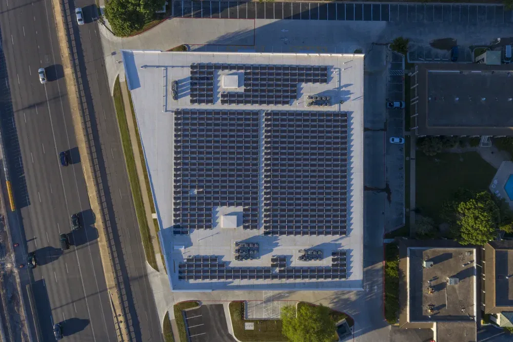 Solar panels on the roof of ATX Self Storage.
