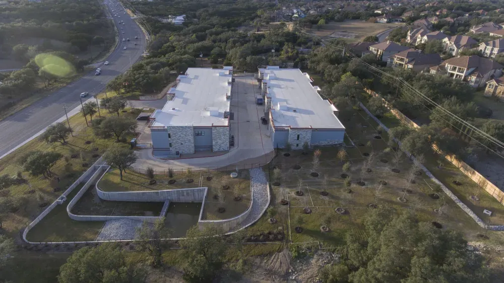 Aerial view of Bee Cave Storage and the surrounding area.