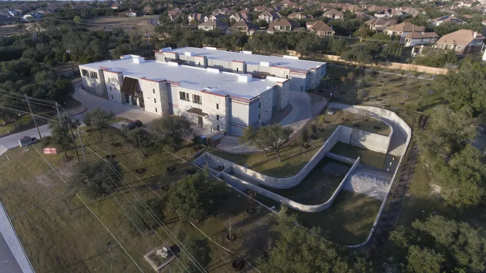 Aerial view of Bee Cave Storage and the surrounding area.