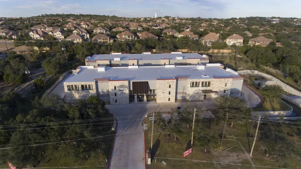 Aerial view of Bee Cave Storage and the surrounding area.