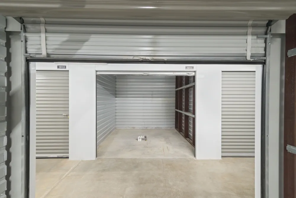 Opened climate-controlled storage unit will roll-up doors at Bee Cave Storage.