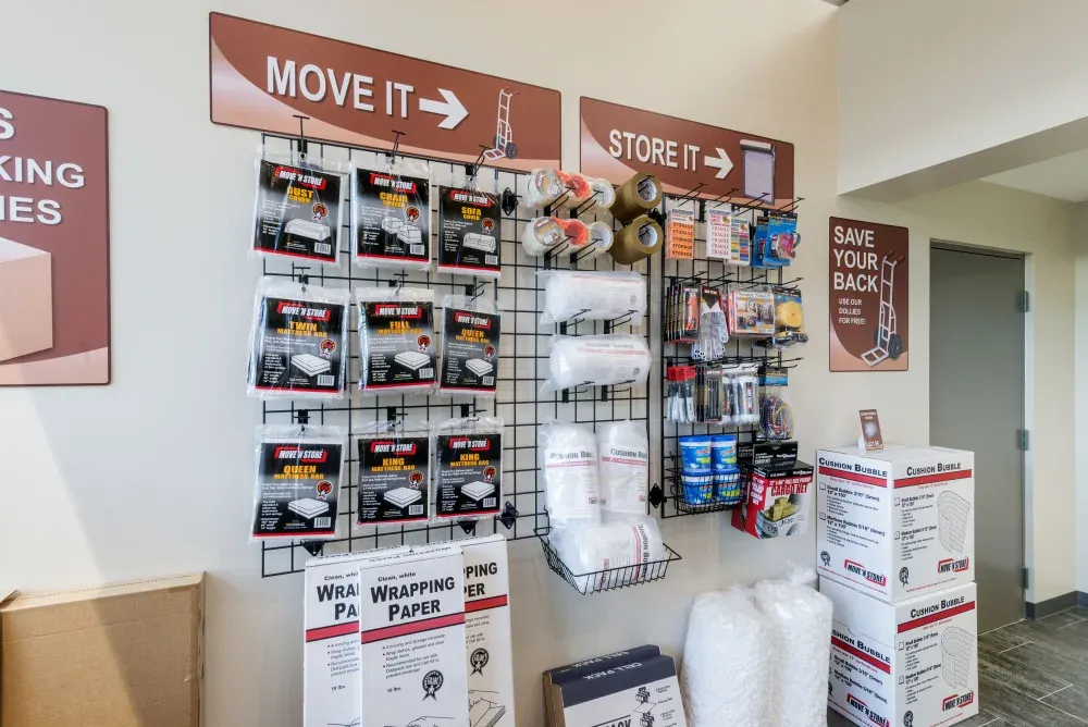 Front desk and moving boxes at Bee Cave Storage.