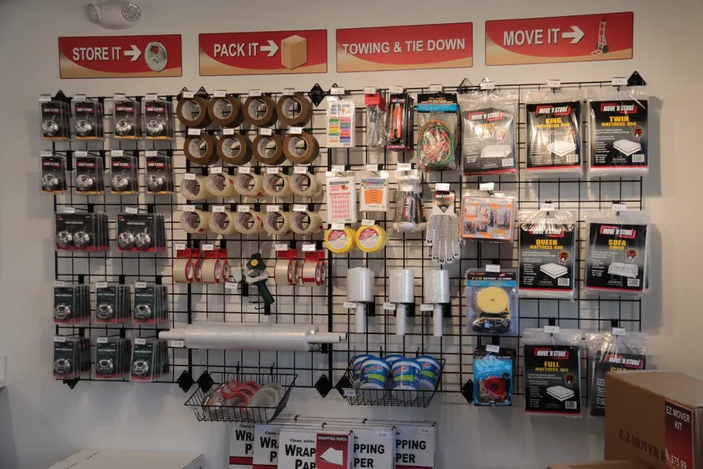 Packing and moving supplies on display at Columbia Self Storage.