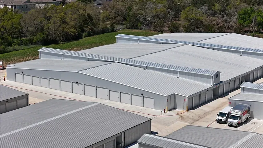 Overhead view of trucks and units at the Dripping Springs storage facility