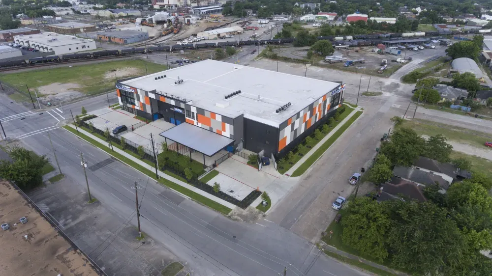 Aerial view of the EaDo Storage facility showcasing its layout and surrounding area.