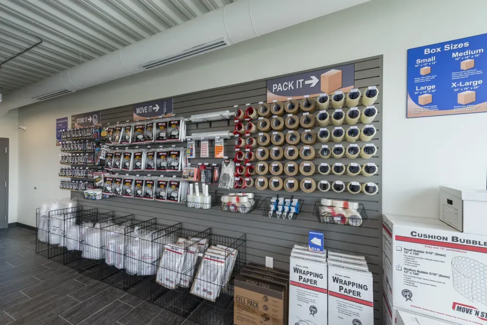 Packing and moving supplies on display at EaDo Storage.