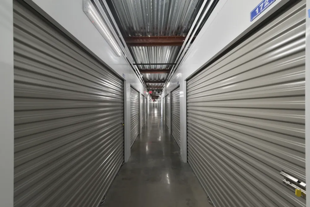 Aisle of indoor storage units at EaDo Storage.