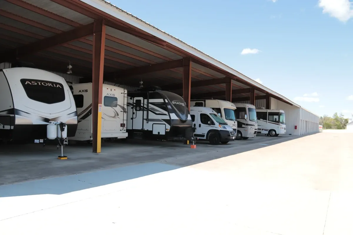 Campers and RVs parked at the Dripping Springs storage facility