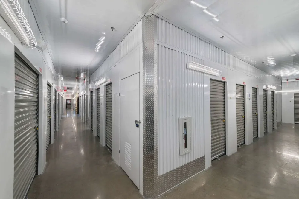 Hallway of climate-controlled storage units at Frisco Self Storage.