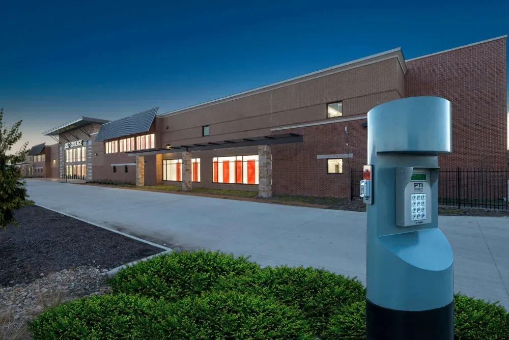 Facility entrance and security keypad at Frisco Self Storage.