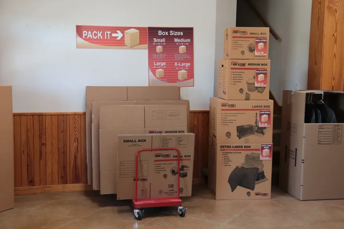Close up of boxes for sale at the Dripping Springs storage facility