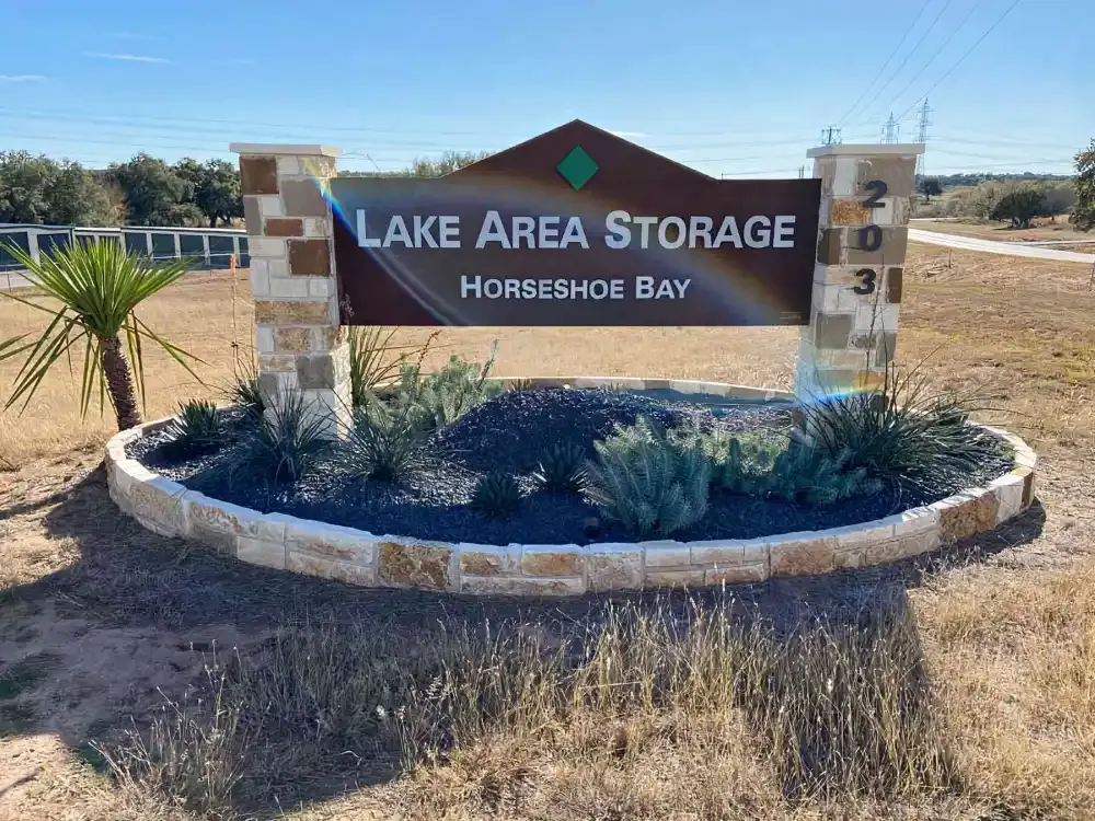 Lake Area Storage road sign.