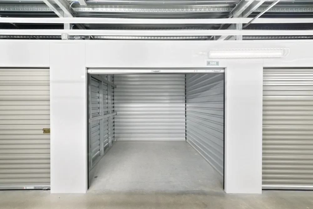 Opened indoor storage unit at Lakeline Storage facility.