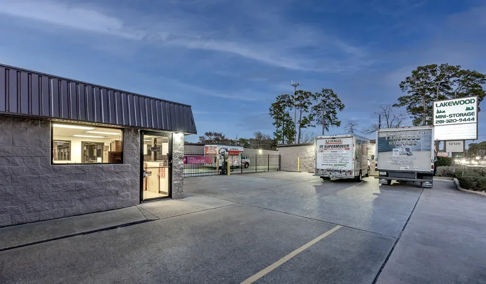 Exterior of well lit Lakewood Storage facility.