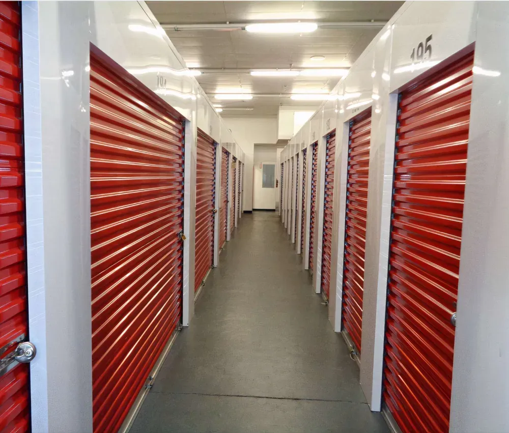 Aisle of climate-controlled storage units at Lock N Roll Storage.