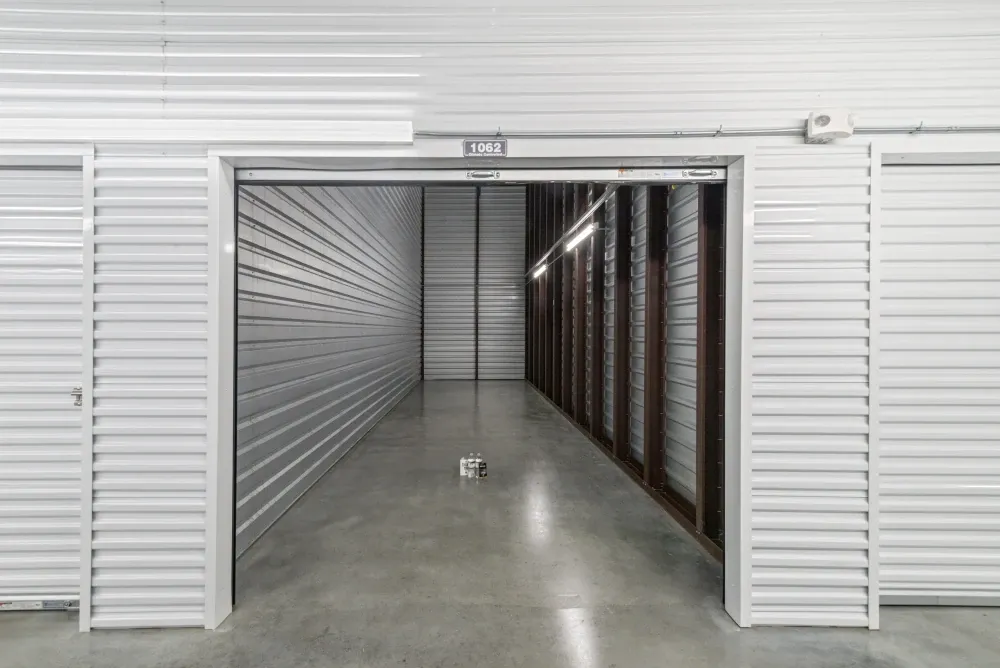 Open indoor storage unit at Memorial Drive Storage.