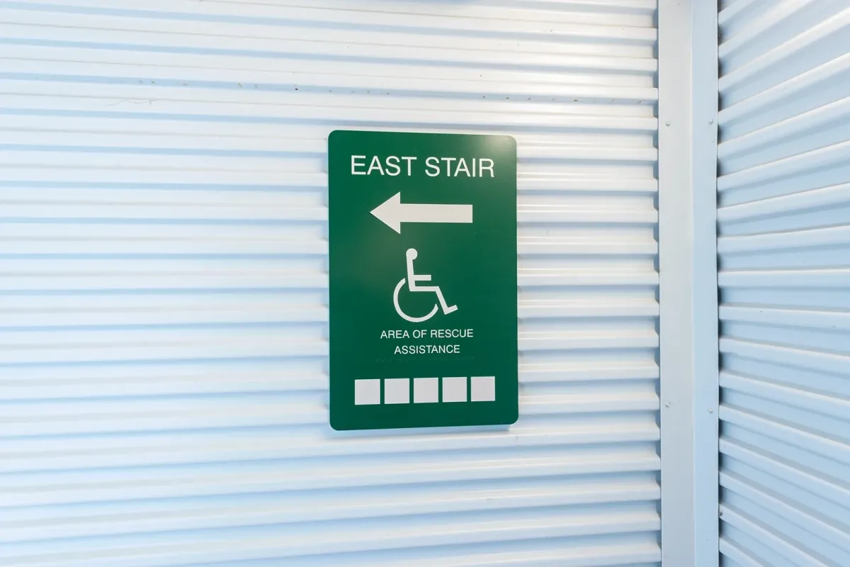 East Stair sign at the Meyer Park Storage Center