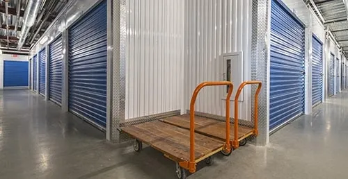 Indoor storage with carts at Westpointe New Braunfels Self Storage.