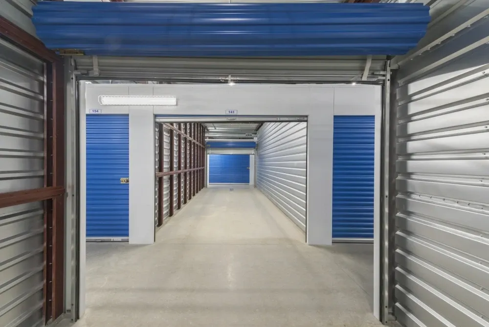 Opened indoor storage units at Westpointe New Braunfels Self Storage.