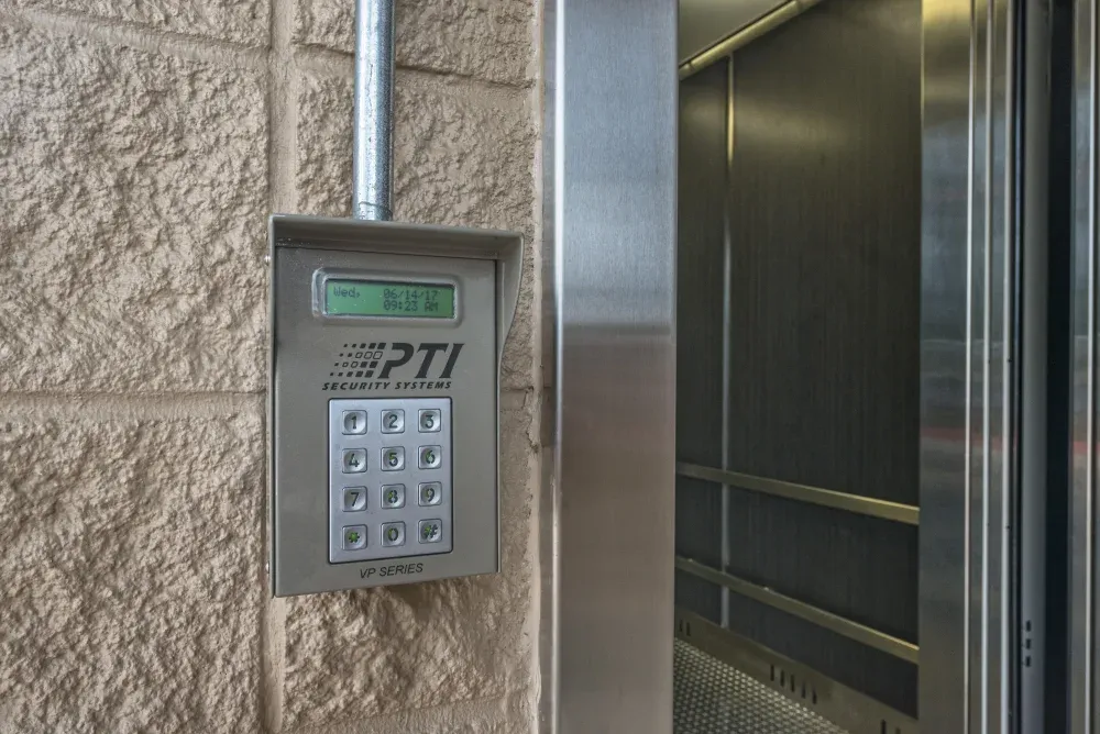 Keypad entry access at Westpointe New Braunfels Self Storage facility.