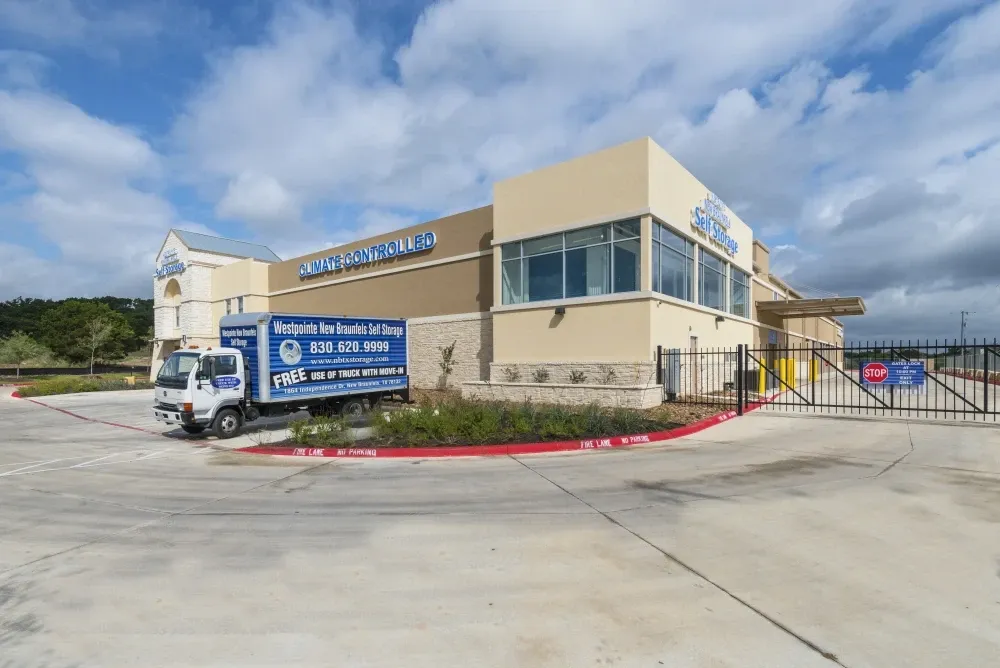 Westpointe New Braunfels Self Storage facility with moving truck available.