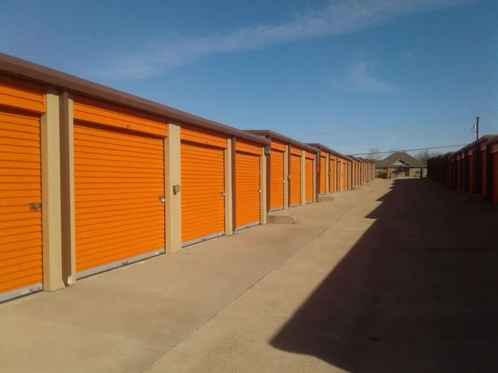 Row of drive-up self-storage units at Northwest Hills Self Storage.