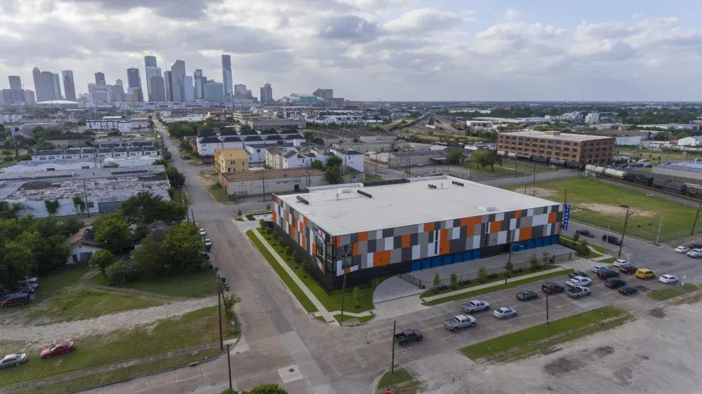 Bird's-eye view of the EaDo Storage facility and its surroundings.
