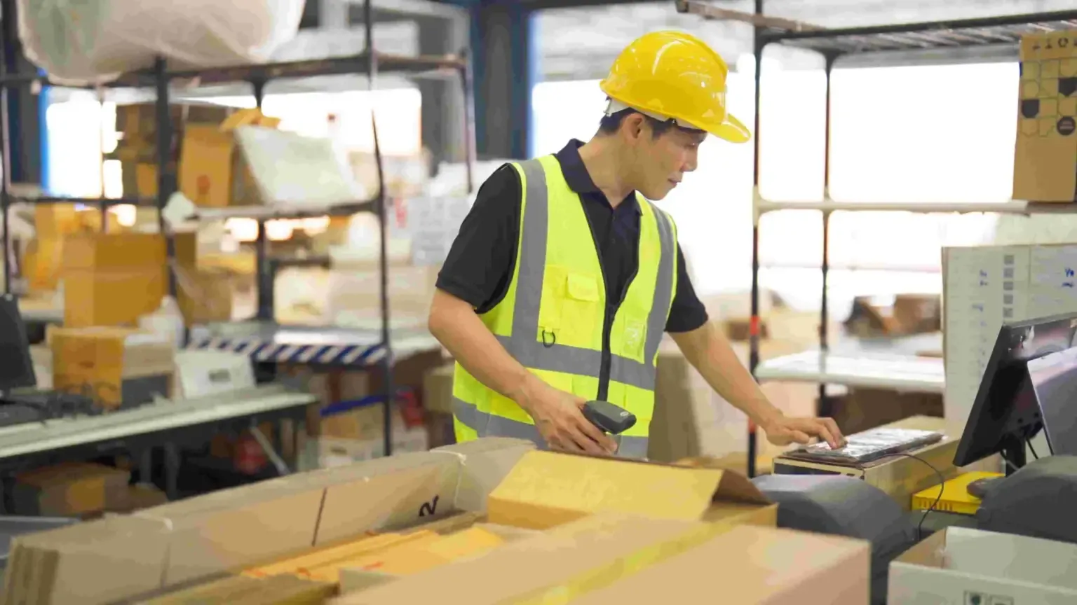 Man in hard hat and high visibility vest looks at computer