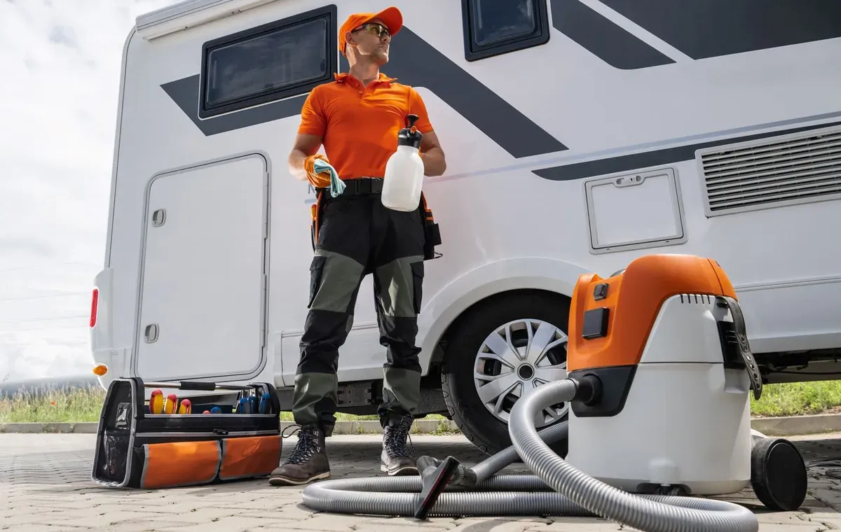 A technician flushes and sanitizes an RV