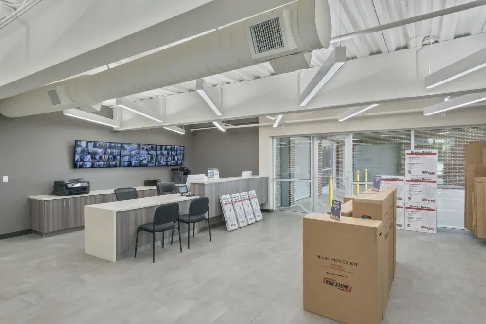 Southlake Storage lobby area with storage boxes and packing supplies.