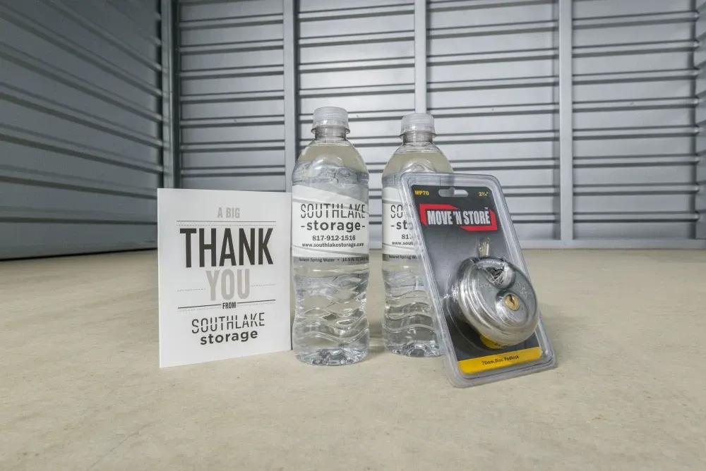 Welcome bundle inside a storage unit at Southlake Storage.