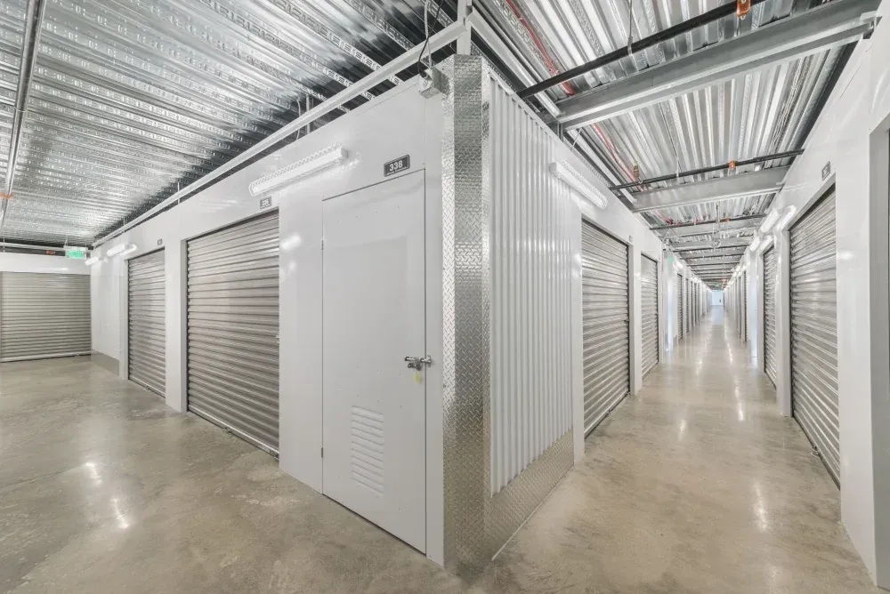 Indoor hallway of climate-controlled storage units at Southlake Storage.