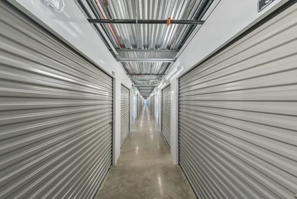 Indoor hallway of climate-controlled storage units at Southlake Storage.