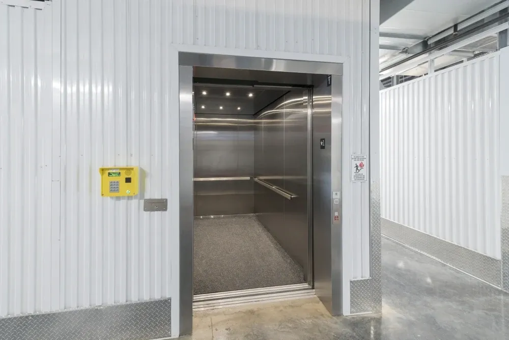 Elevator access to climate-controlled storage units at Valley Ranch Storage.