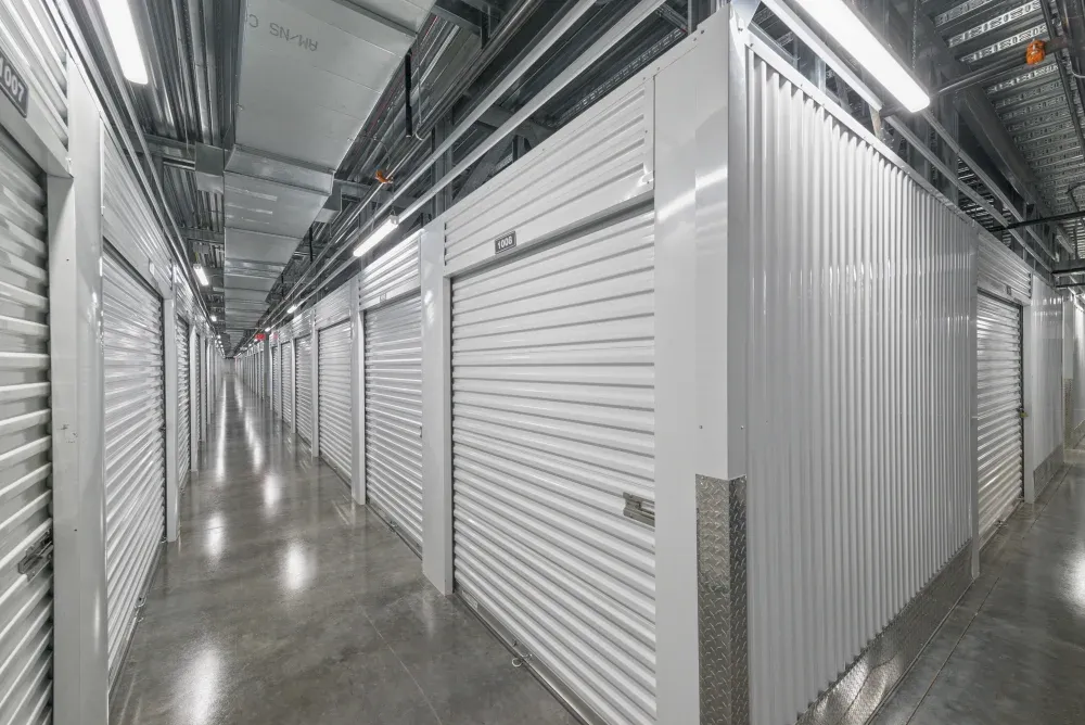 Hallway of indoor, climate-controlled storage units at Valley Ranch Storage.