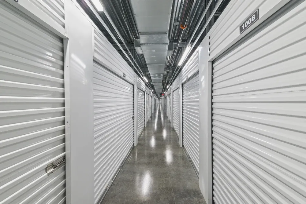Hallway of indoor, climate-controlled storage units at Valley Ranch Storage.
