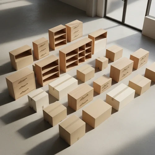 An aerial view of wooden furniture and neutral moving boxes organized in a clean pattern on a concrete storage unit floor.