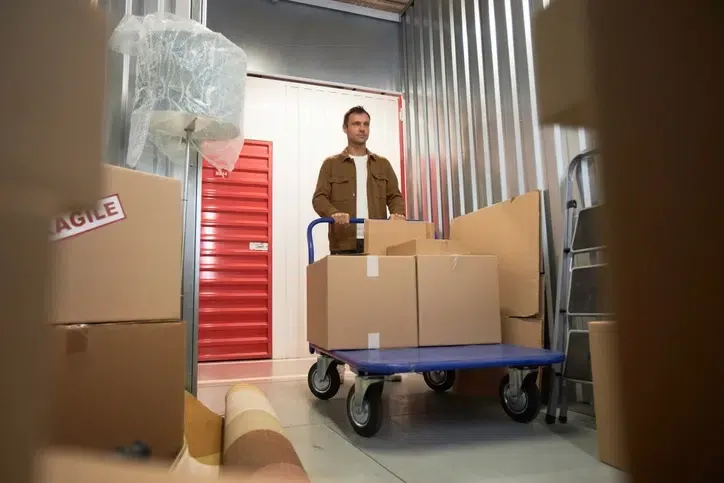 Man pushing flatbed cart with boxes in a storage facility