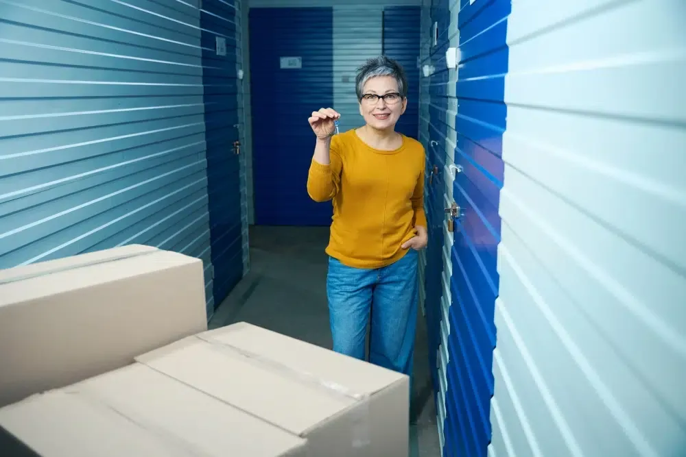 Woman holding keys inside a climate control storage unit