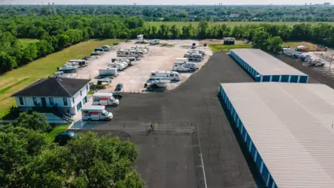 Aerial drone shot of Safe Harbor Storage.